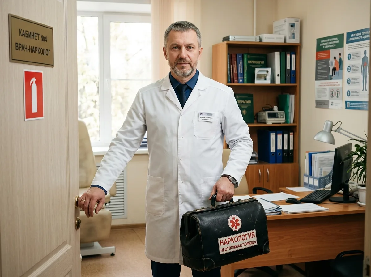 Опытный врач-нарколог в белом халате с медицинским чемоданом, готовый к выезду, на фоне медицинского кабинета, профессиональный и уверенный образ