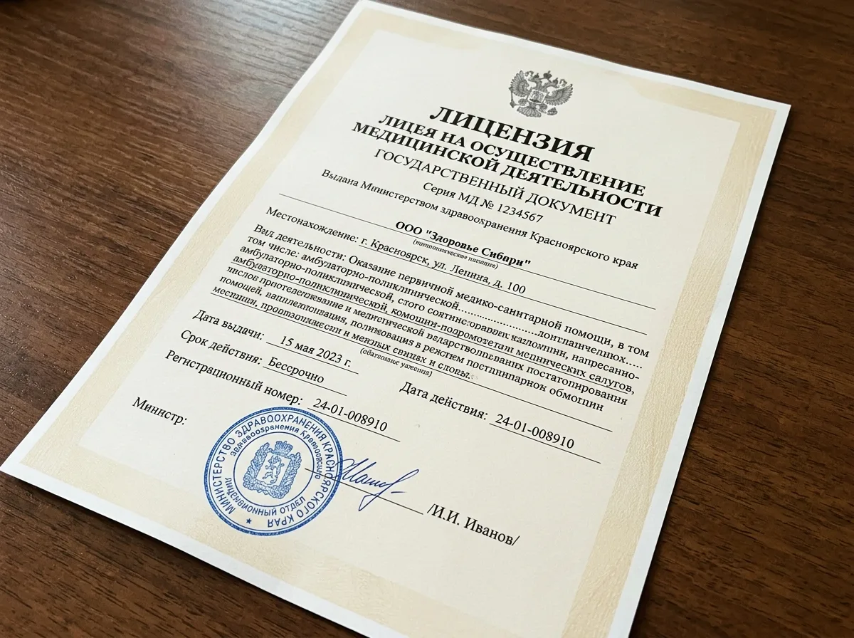 Официальный бланк лицензии на медицинскую деятельность, синяя печать Минздрава Красноярского края, государственный документ, высокое качество