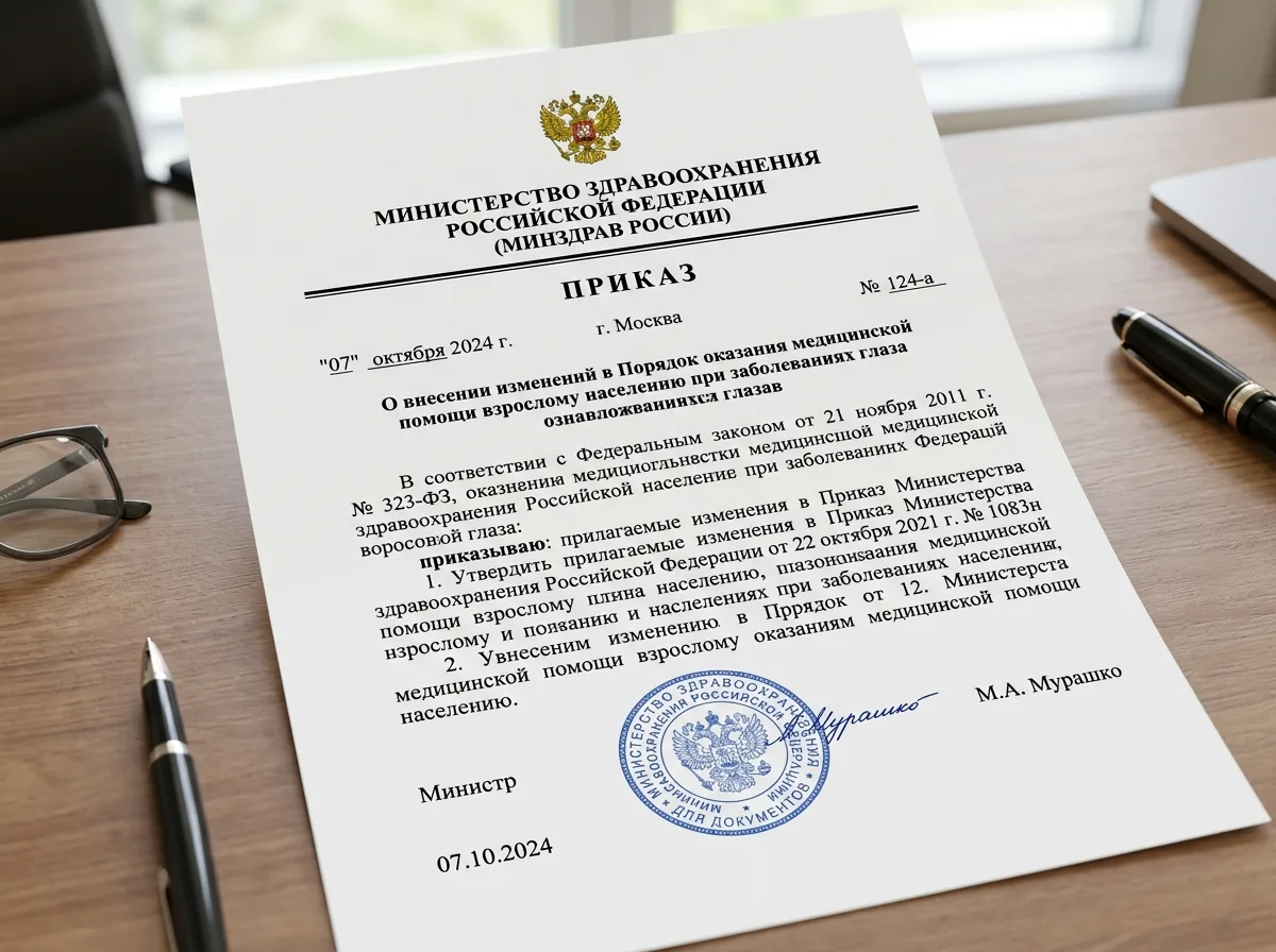 Официальный документ — Приказ Министерства здравоохранения РФ на белом фоне, строгий деловой стиль, государственная символика