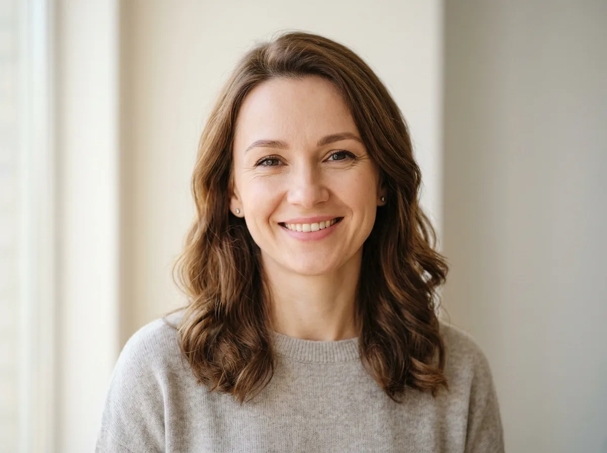 Женщина около 35 лет, портрет, добрая улыбка, светлый нейтральный фон, аватар пользователя